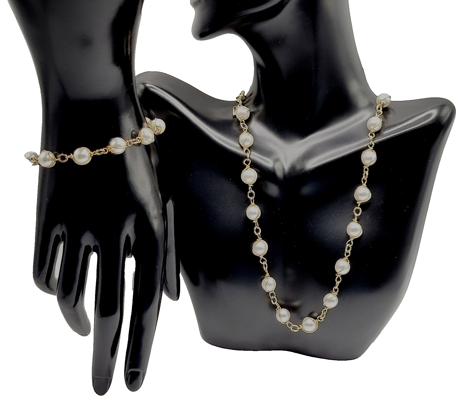 Sarah Coventry Faux Pearl Caged Style Bracelet 7.25 in Necklace 16 in Vtg Signed