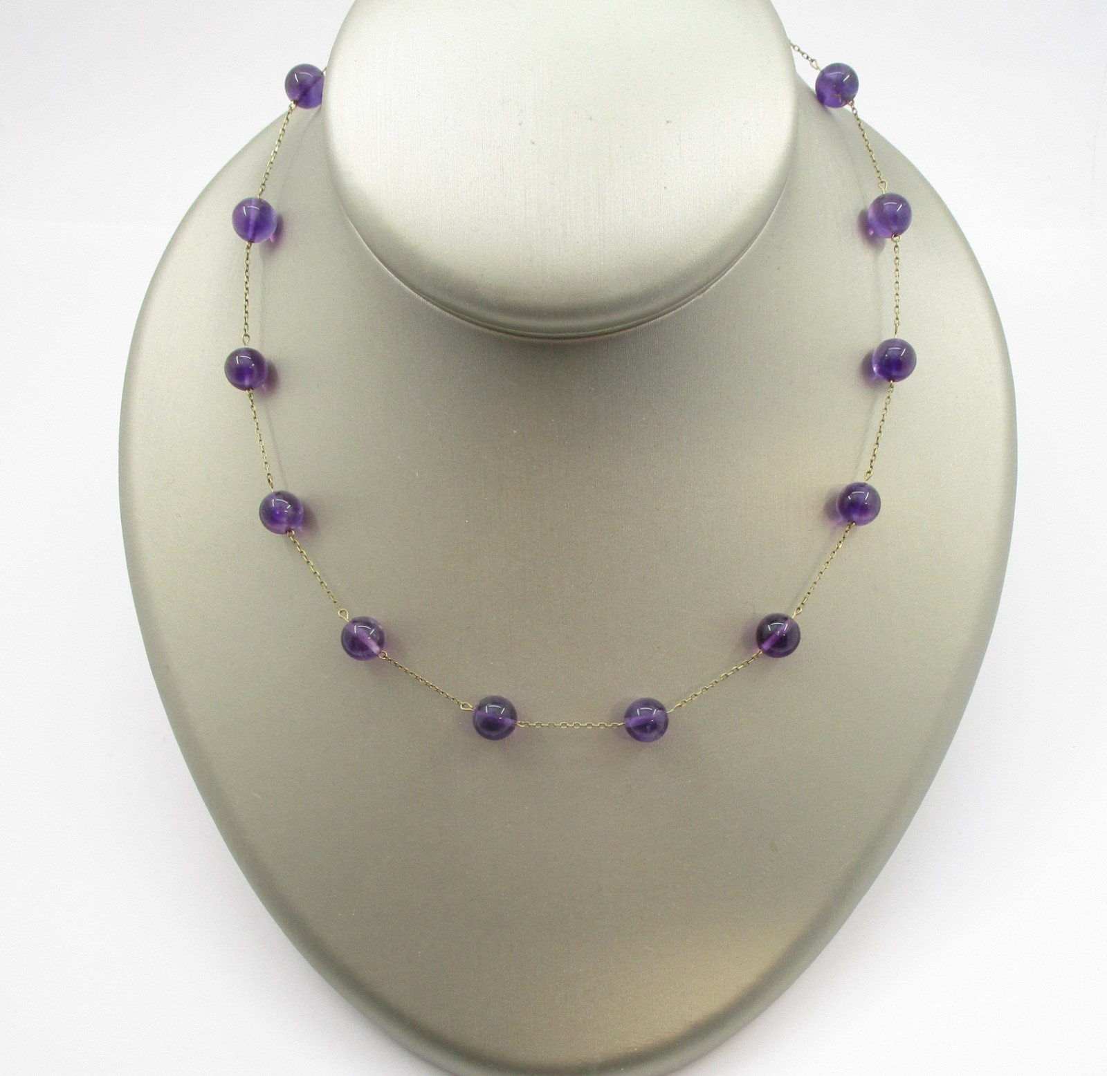 8.0MM Amethyst Bead Tin Cup Style Station Necklace 10 Karat Yellow Gold 17″