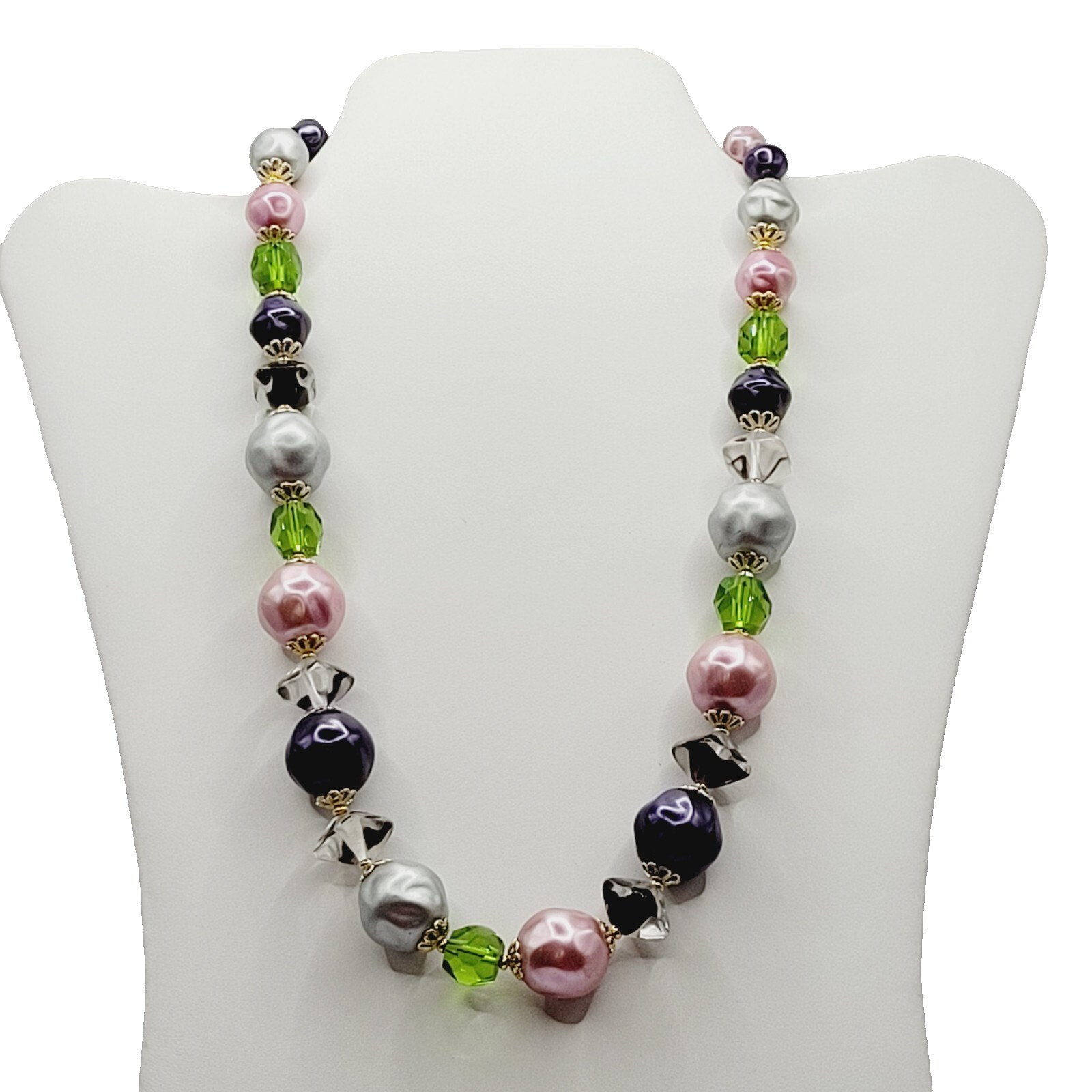 Colorful Glass & Faux Pearl Style Multi Color Shape Bead Vintage Necklace 21 In