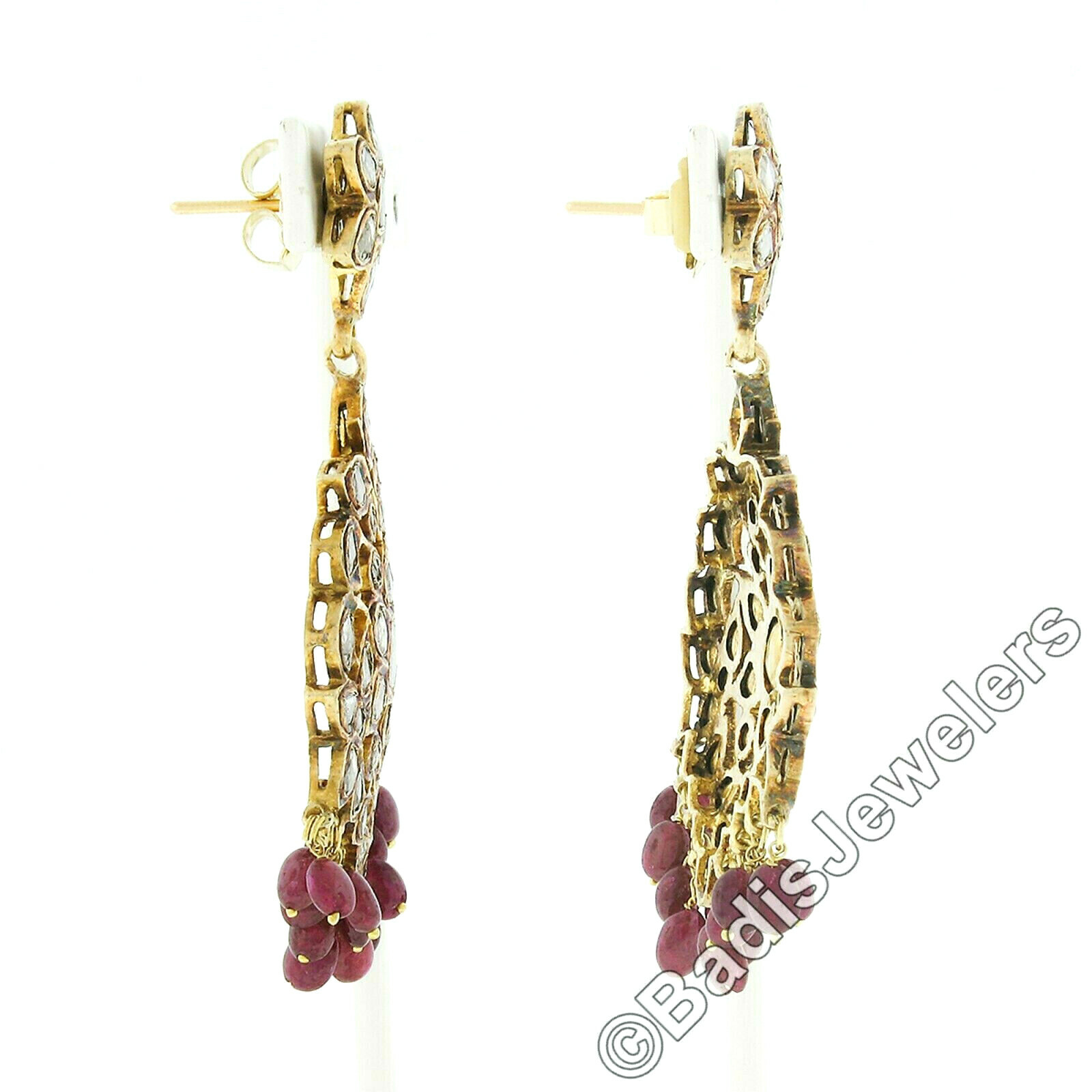Vintage 18K Gold Rose Cut Diamond w/ Bead Ruby Drop Dangle Earring & Pendant Set