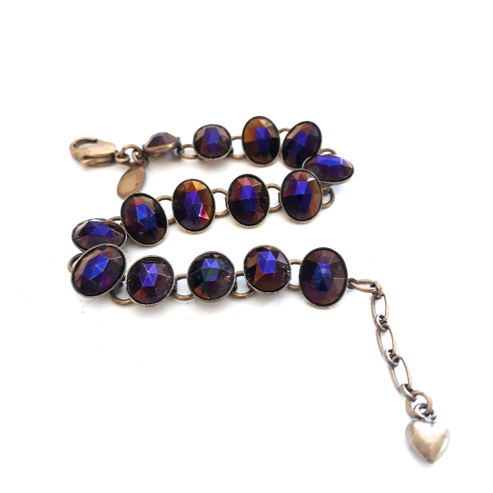 Kirks Folly Crystal Station Bracelet Deep Purple Antiqued Gold Tone Heart Charm