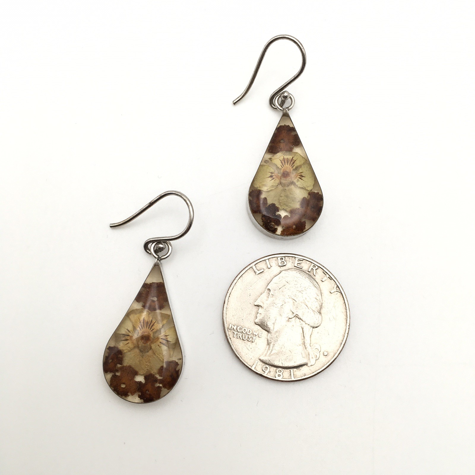 Sterling Silver ATI Dried Flower Resin Teardrop Dangle Earrings 925 Mex 4.5g #61