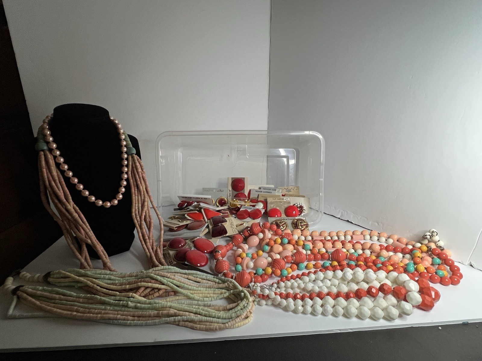Vintage Lot Of 8 Necklaces And 30 Pairs Of Clip-On Earrings Reds Orange Peach