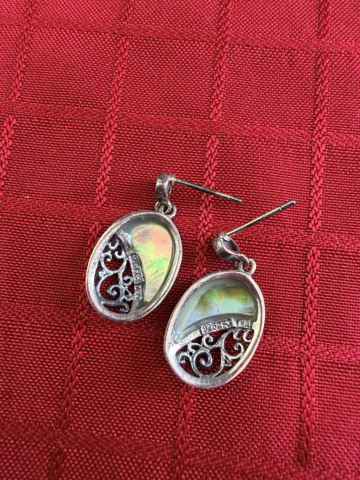 Vtg 925 Sterling Thailand Abalone Paua Shell Filigree Dangle Earrings