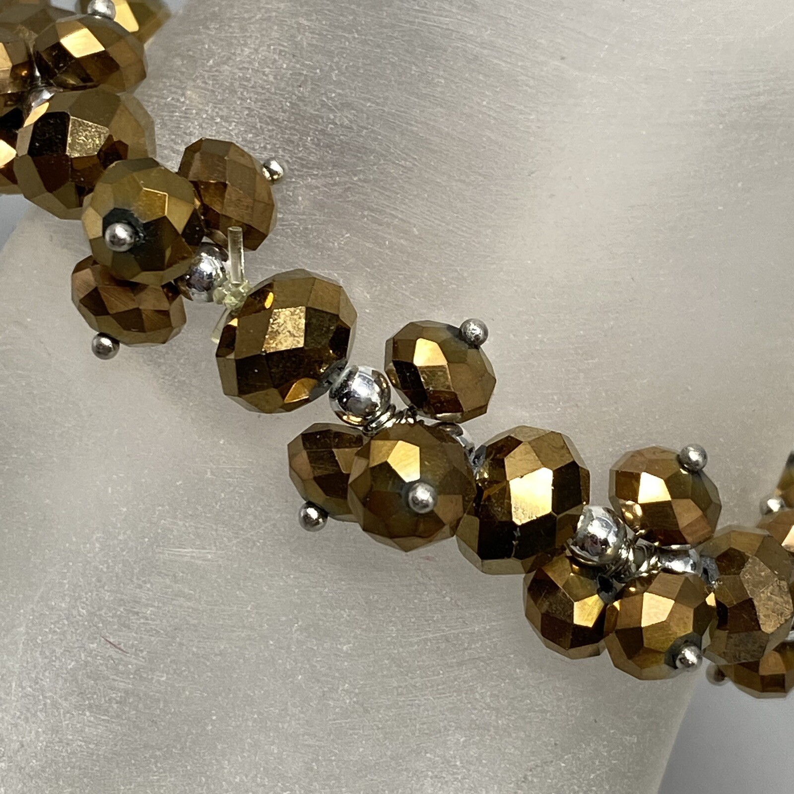 Stretch Bead Bracelet Gold Faceted Glass Cluster Fire Polished Iridescent 7″