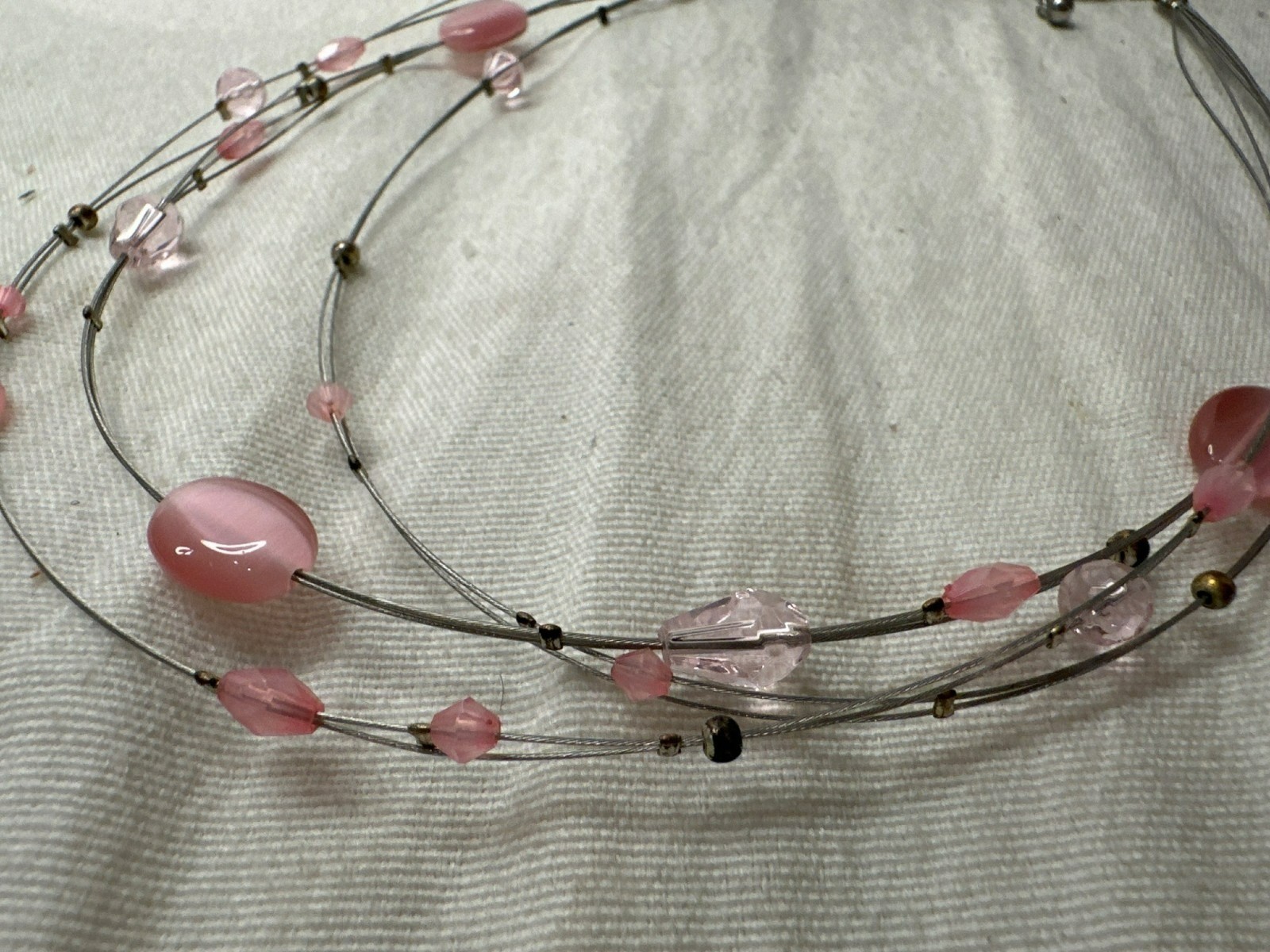Multi Strand Pink Beaded Necklace Wire Wrap Romantic Layered Design Fairy Kei