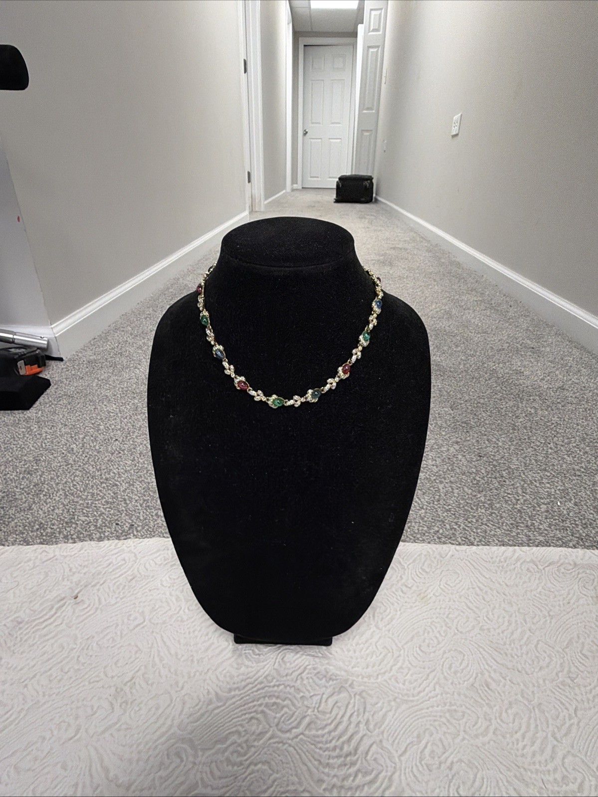 Vintage Red Blue Green Cabochon Marquise Cut Swarovski Crystal 16” Necklace