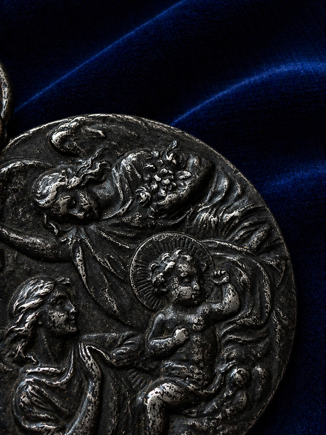 Large Antique Solid Silver Religious Medal Virgin Mary Angel Scene 19thC French