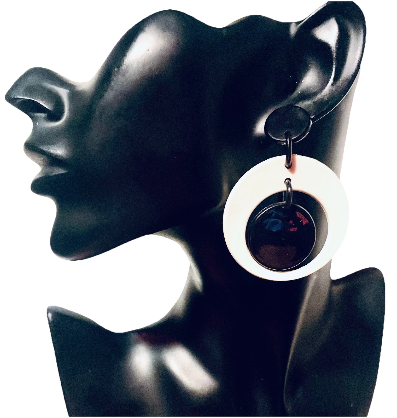 80s Does 60s VINTAGE Black White Hoop Earrings MCM Plastic NOS Taiwan ROC HOOPS