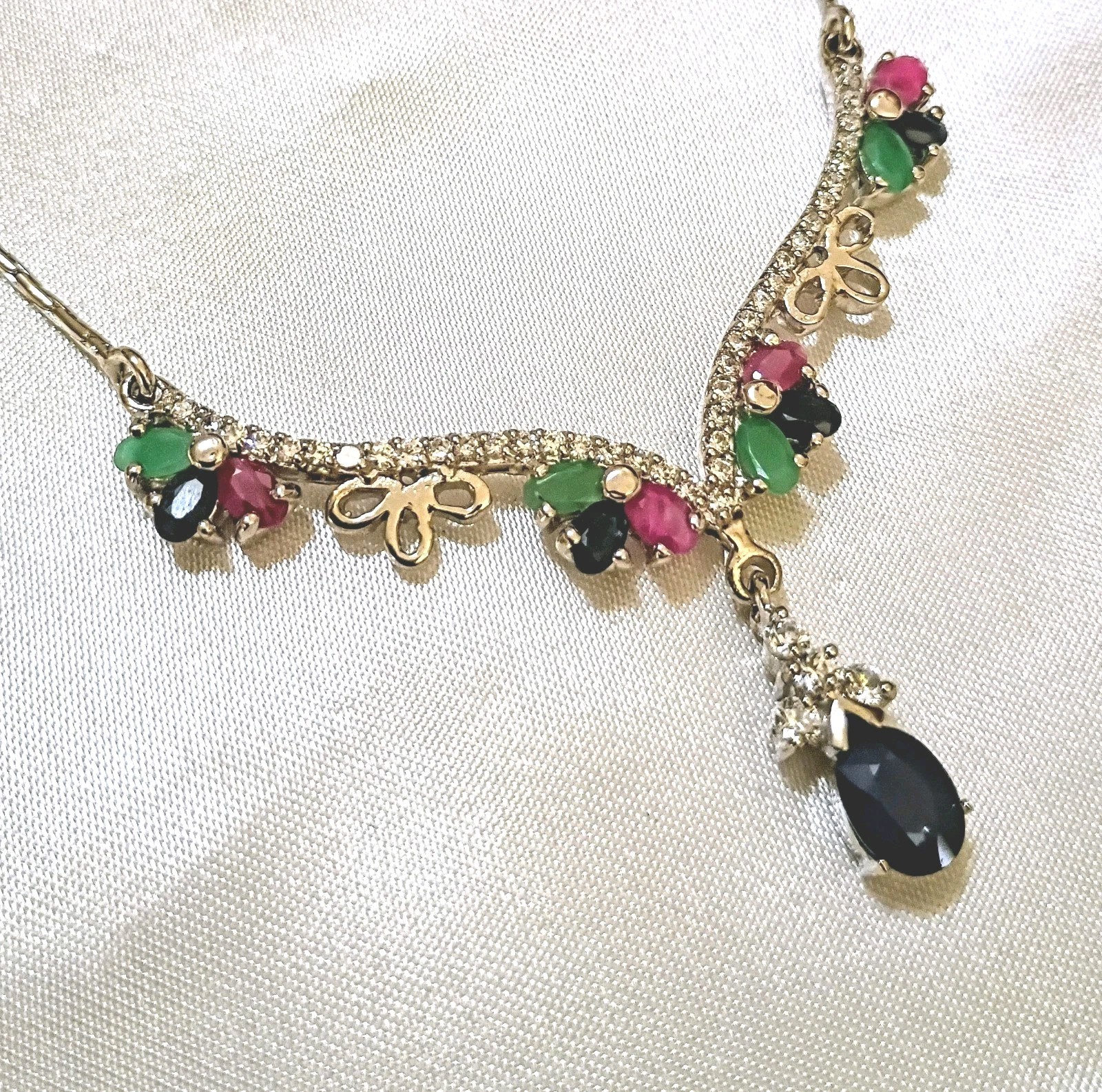 Vintage Silver 925 Sapphire Emerald Ruby Drop CZ Statement Necklace 18″