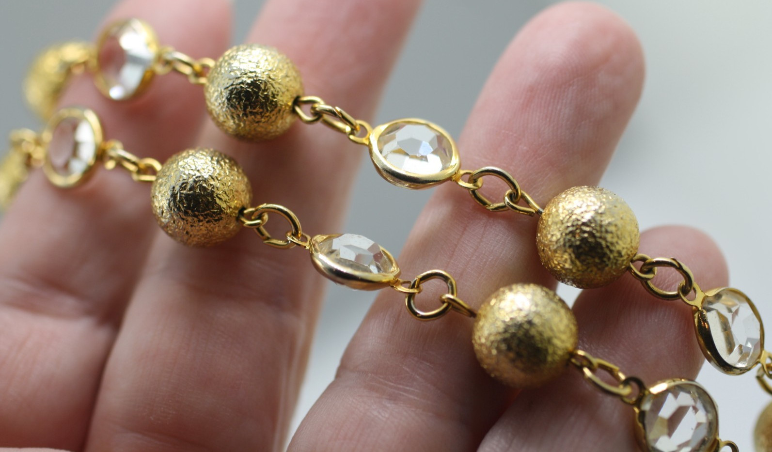 Austrian USA Crystal Necklace Clear 10mm bead chain Open Bezel 34″ gold tone