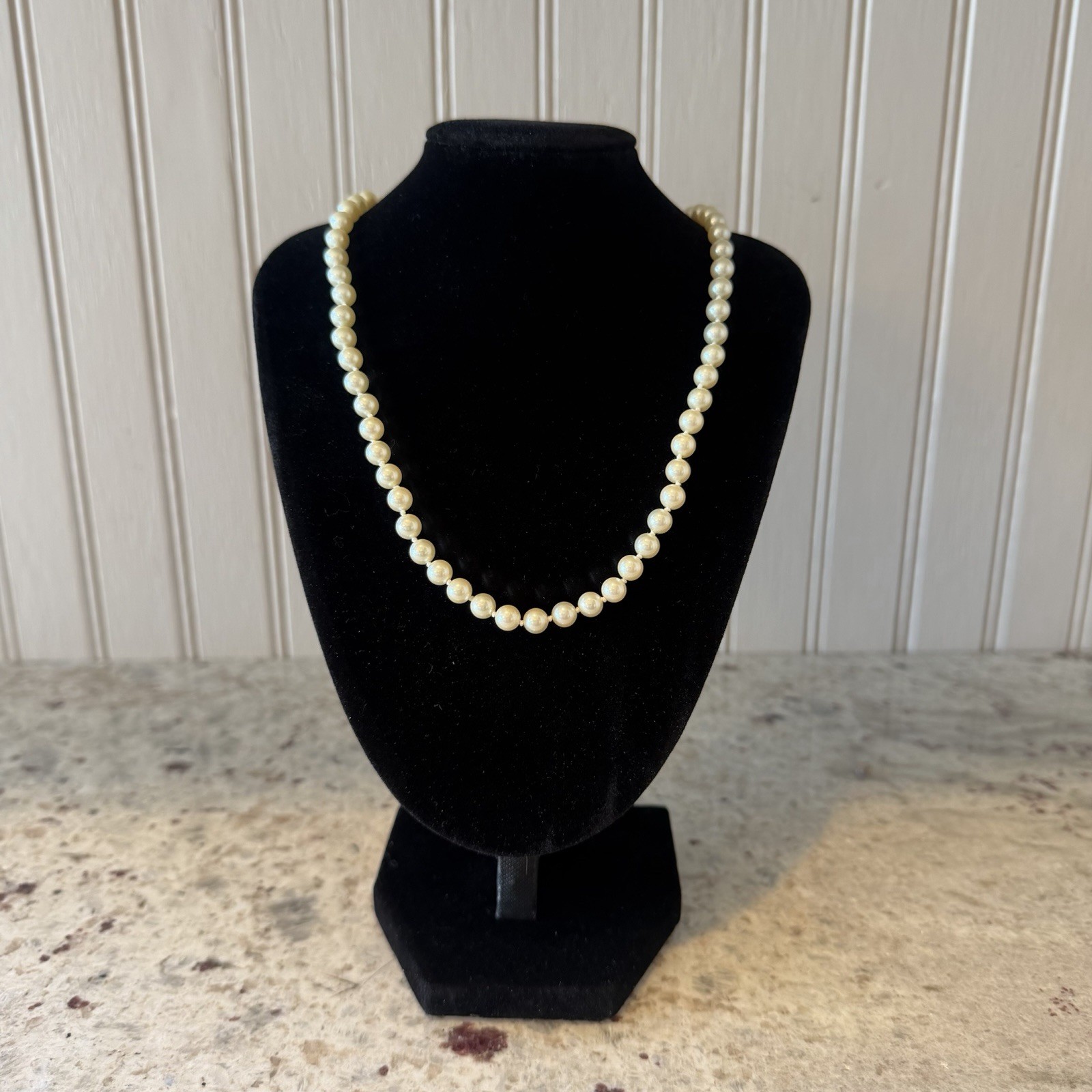 Vintage Monet Faux Pearl Necklace 1950s Filigree Fish Hook Clasp Signed Bridal