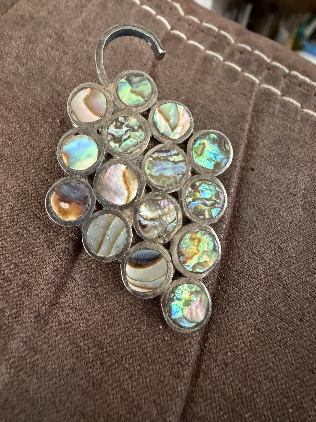 Sterling Silver Brooch Pin Bunch of Grapes Abalone Shell Vintage Mexico