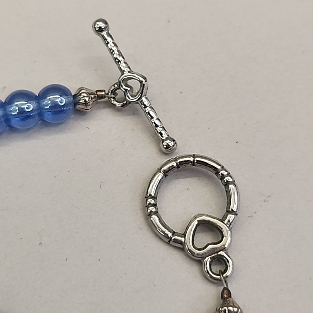 Vintage Glass Beaded Necklace Blue Striped Silver Foil Toggle 19″