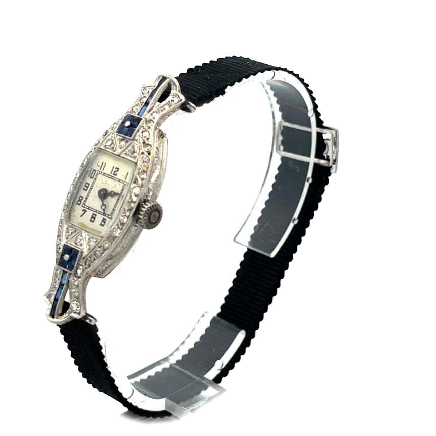 Art Deco Diamond Platinum Hand Wind Elongated Ladies Watch