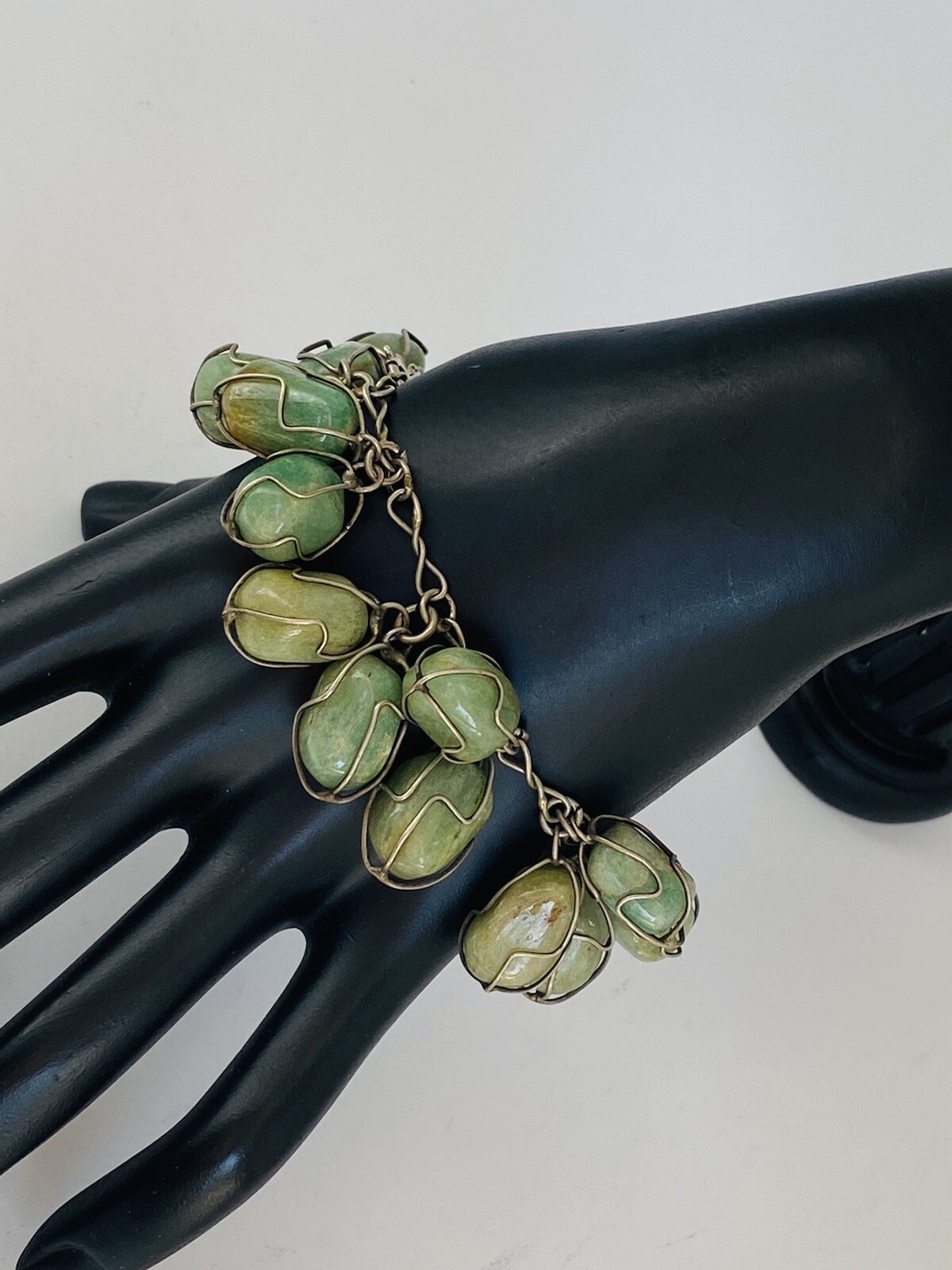 Vintage Sterling Silver Green Jade Tumbled Stone Wire Wrap Link Bracelet 7”