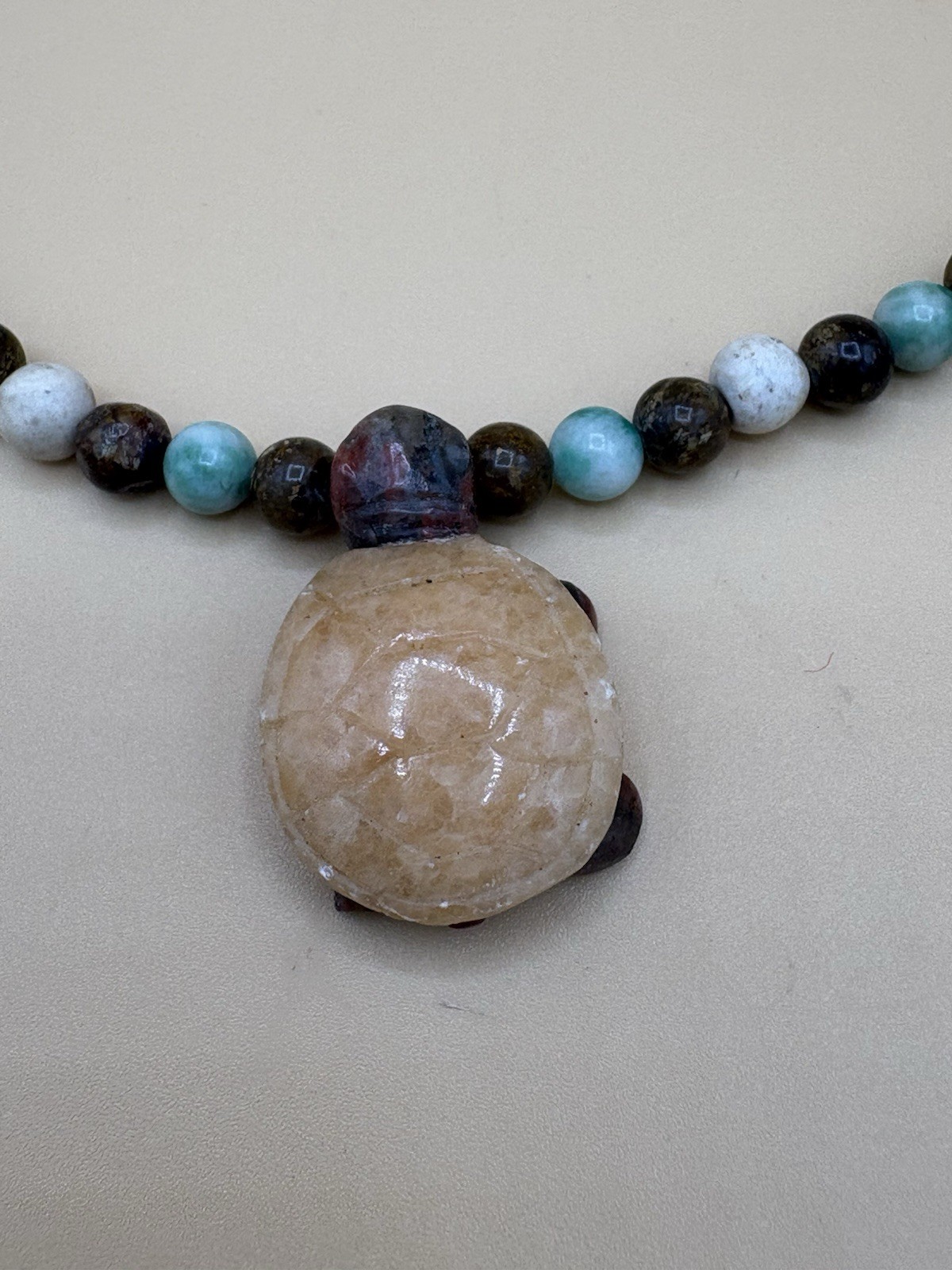 Assorted Color Stone Bead Necklace with 5 Carved Turtle Pendants