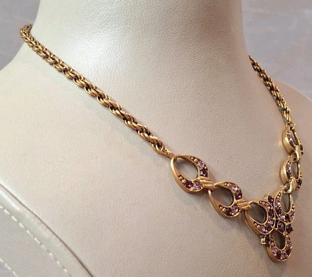 VTG Rosegold CopperTone Link Chain Necklace Princess Purple Lavender Crystals