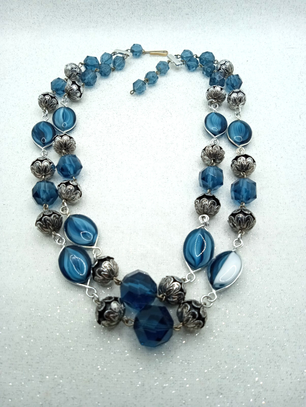 VTG West Germany Blue Necklace Double Strand Swirl Glass Silver Tone 17 -18″