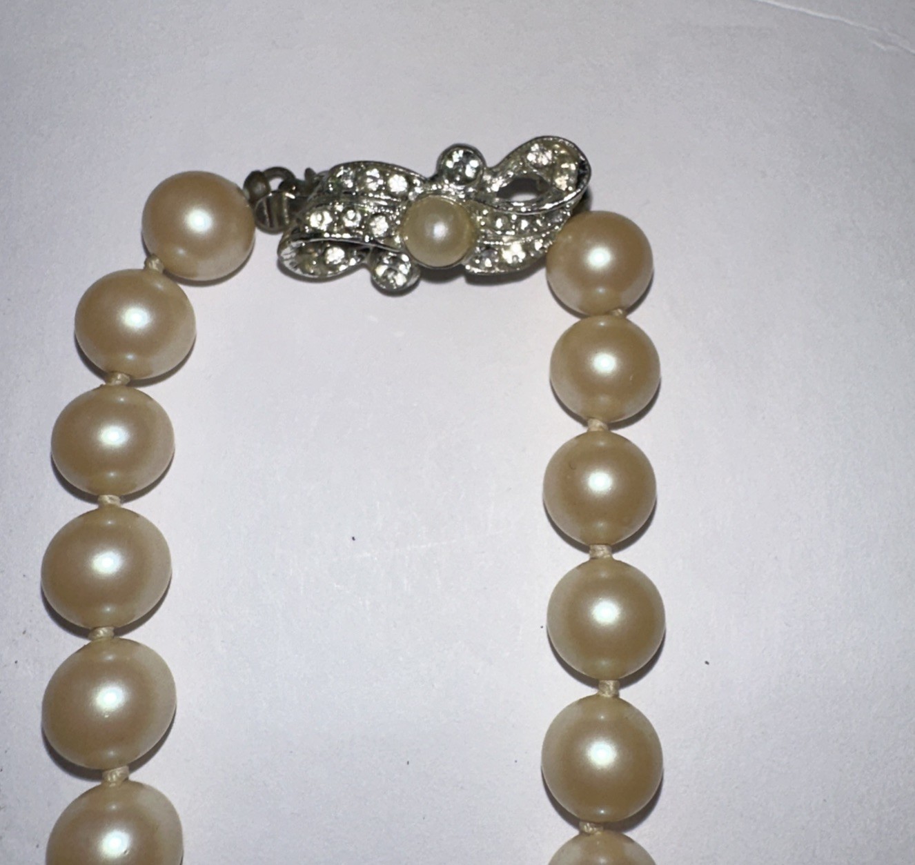 Faux Pearl Necklace Hand Knotted Cream Pearls 32″ Silver Tone & Diamanté Clasp