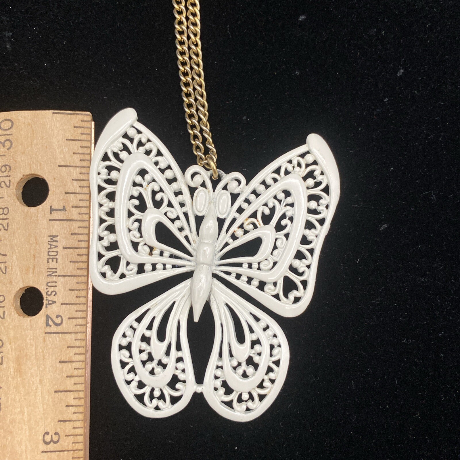 Vintage White Enamel Articulated Large Butterfly Gold Tone Open Link Chain Mod