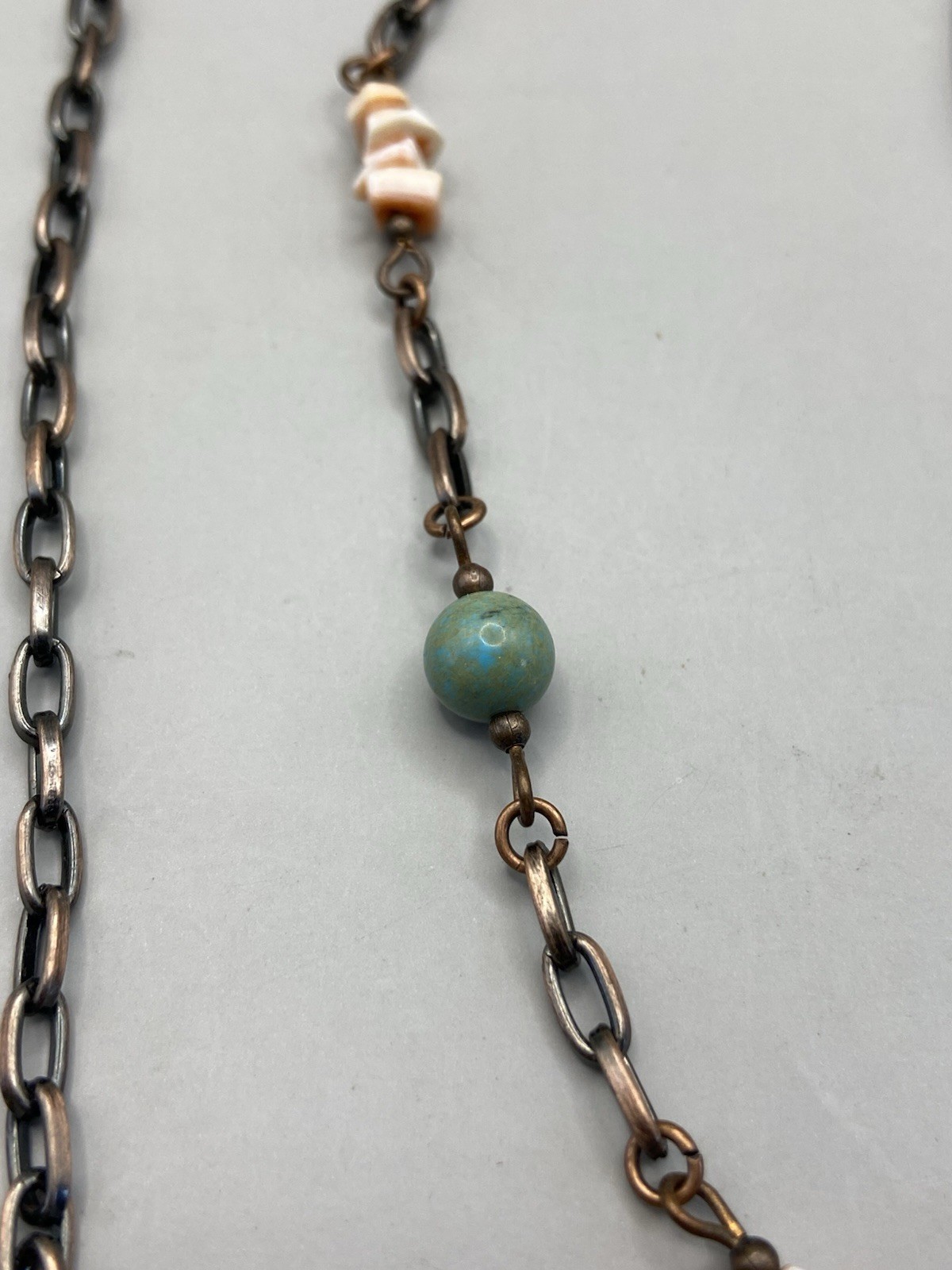 Vintage Three Chain Beaded Shell Necklace Acrylic Copper Tone Estate