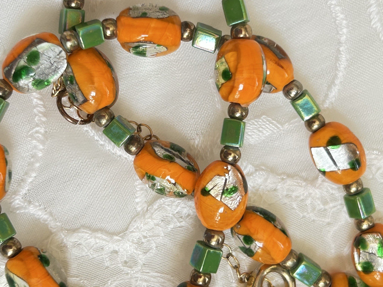 Vintage Orange Foil Art Glass Bead Necklace Green Spacers Murano Style Italy