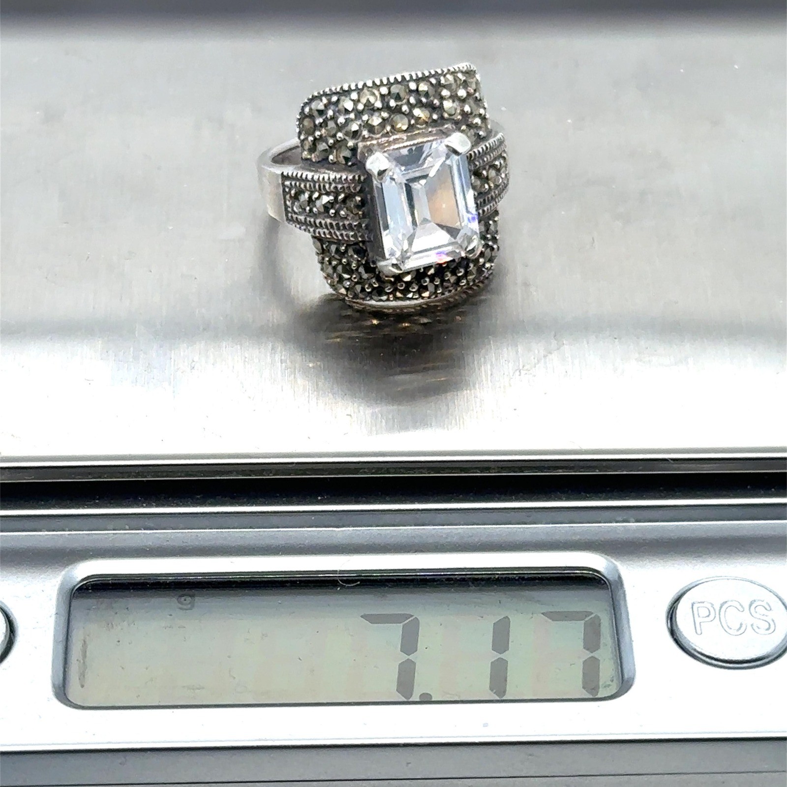 Emerald Cut CZ and Marcasite Sterling Silver Engagement Ring – Size 7.5