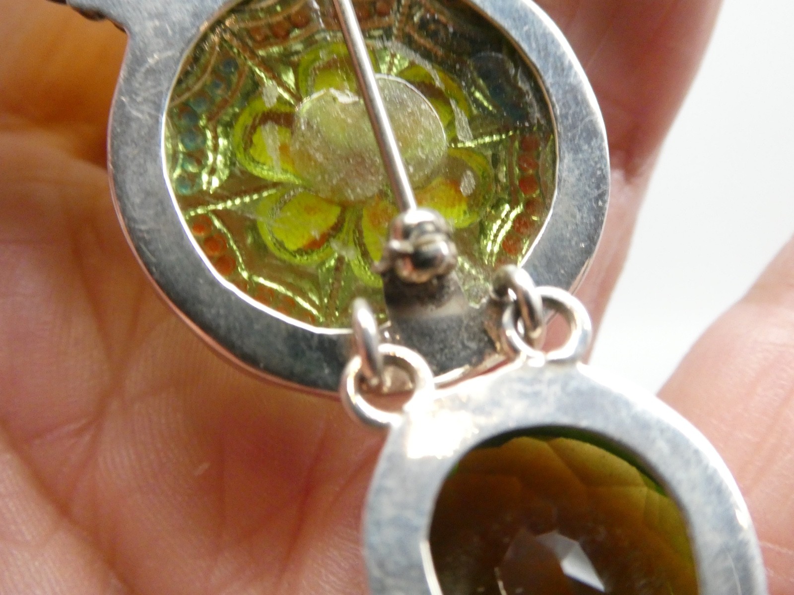 Vintage AKR Amy Kahn Russel Peridot & Antique Glass Sterling 925 Pendant 4″
