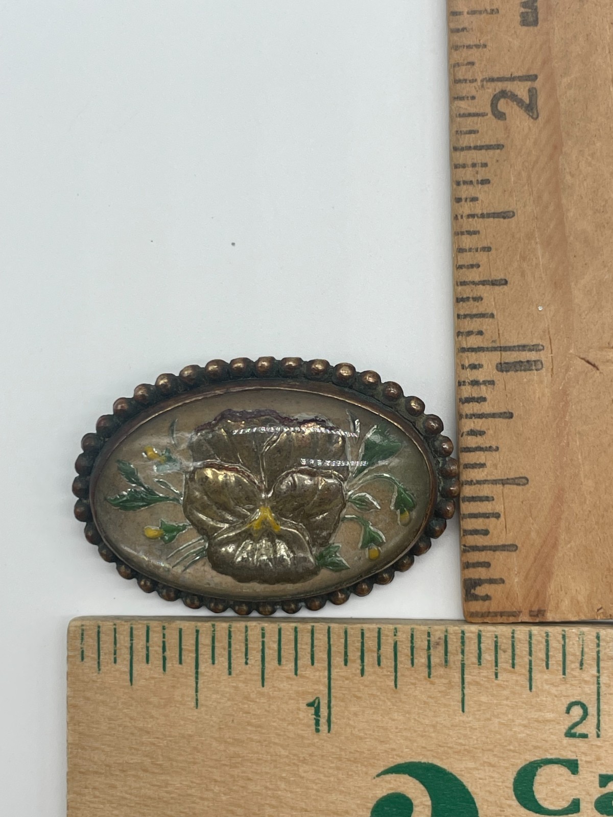 Antique Victorian Goofus Glass Iridescent Pansy flower Brass c-clasp brooch