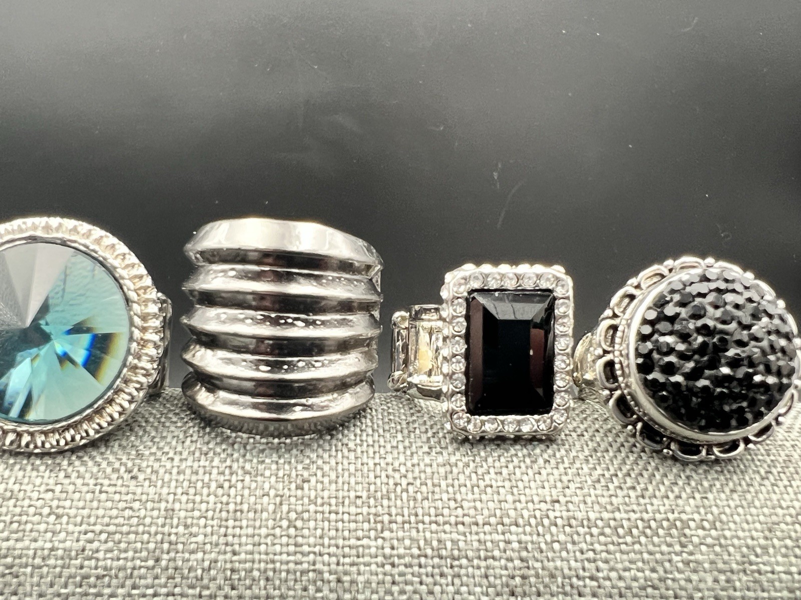 5 Vtg to Modern Silver Tone Stretch Band Ring Lot Black Blue Rhinestone One Size
