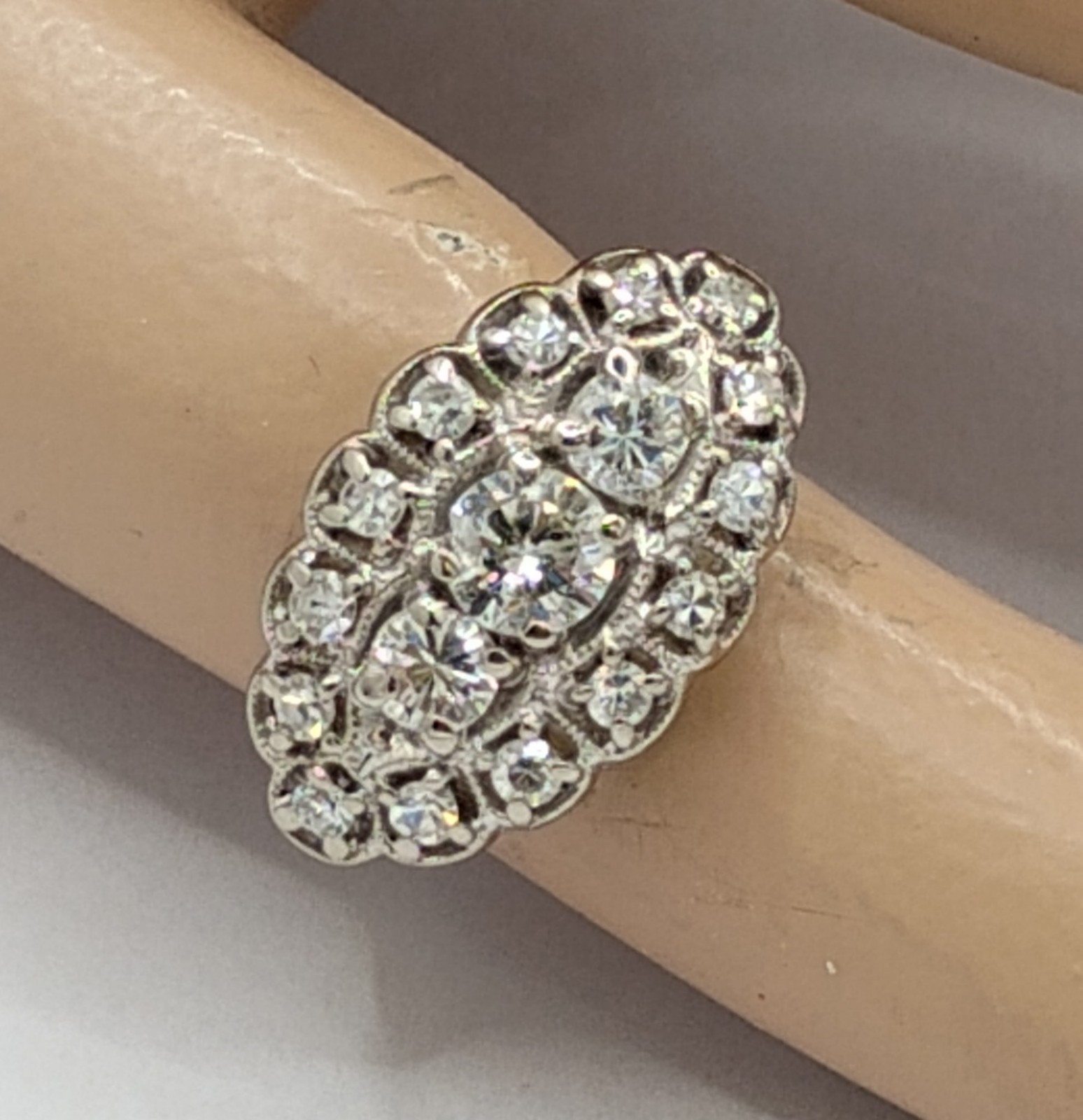 $7,500 1.00ctw ANTIQUE 3-STONE HALO WOMANS 14K WHITE GOLD THREE ROW DIAMOND RING