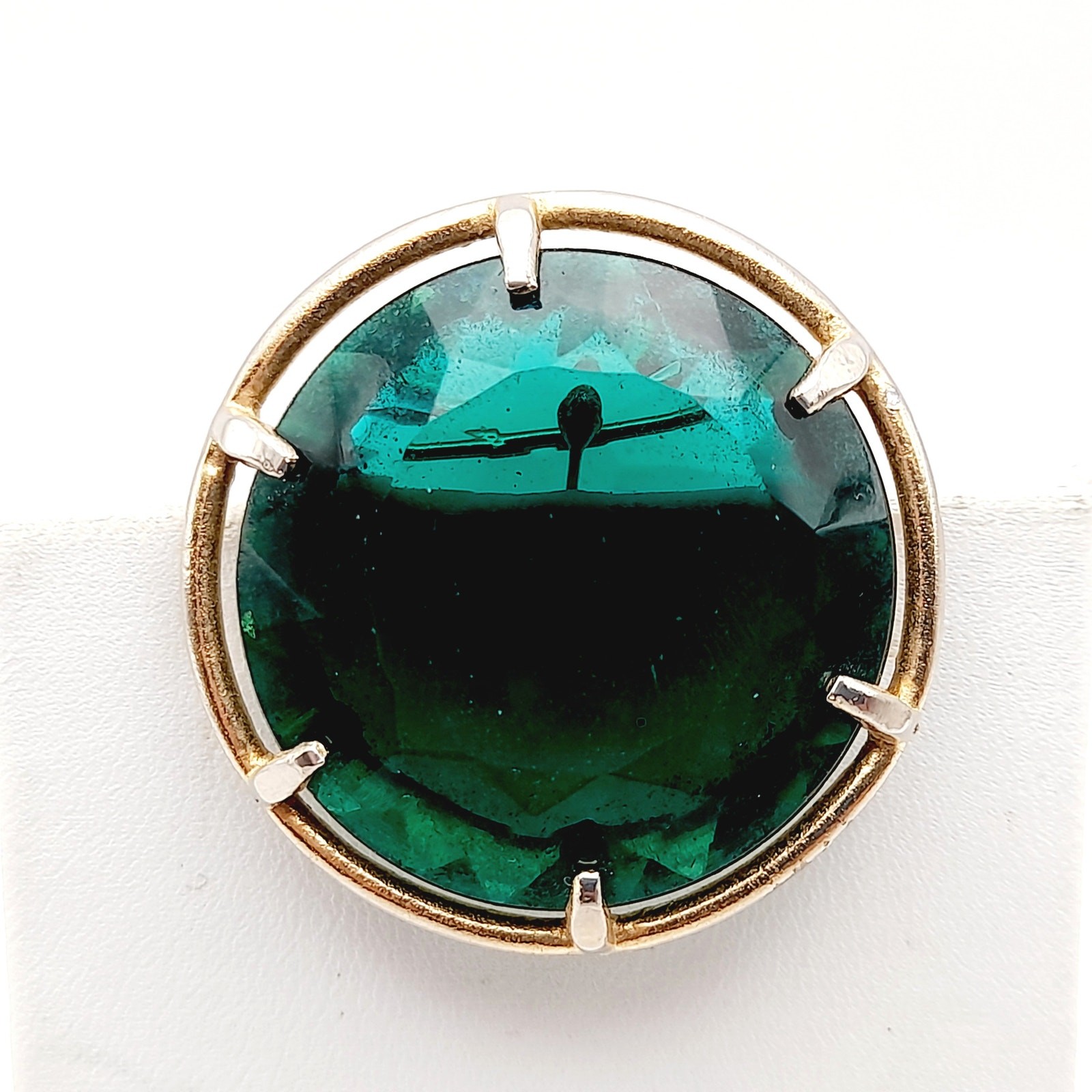 Vintage Green Glass Round Faceted Circular Framed 1 1/2 Inch Brooch