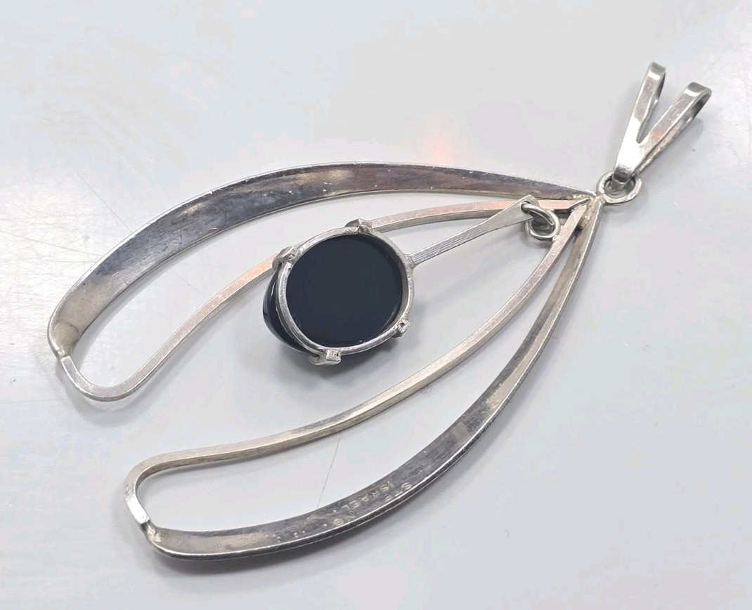 Vintage Sterling Silver 925 Israel Black Onyx Dangle Drop Charm Pendant