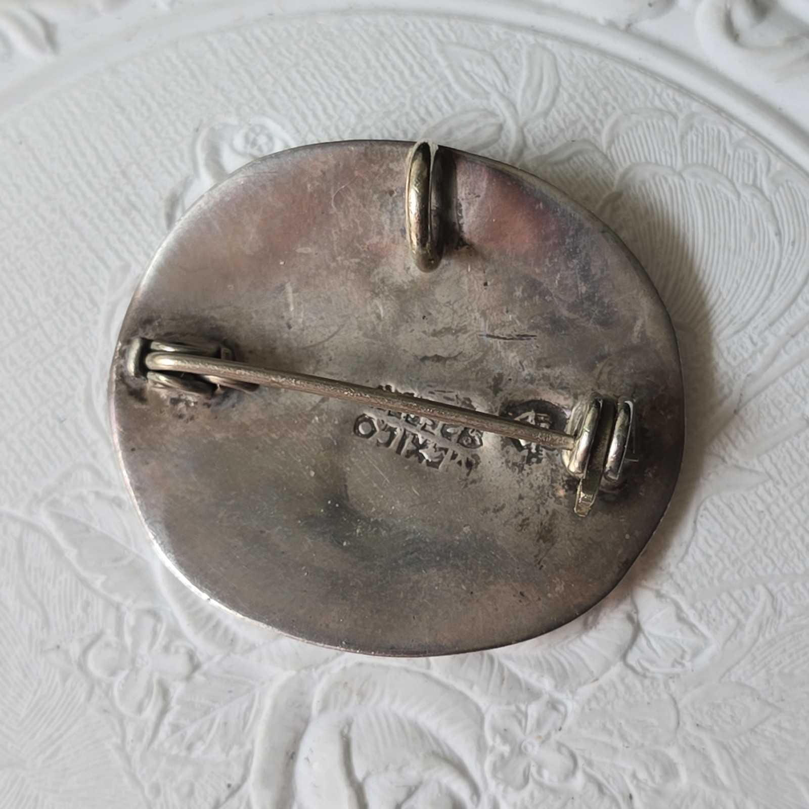Vintage Sterling Silver Mexico Crushed Stones Inlay Pin Brooch Pendant