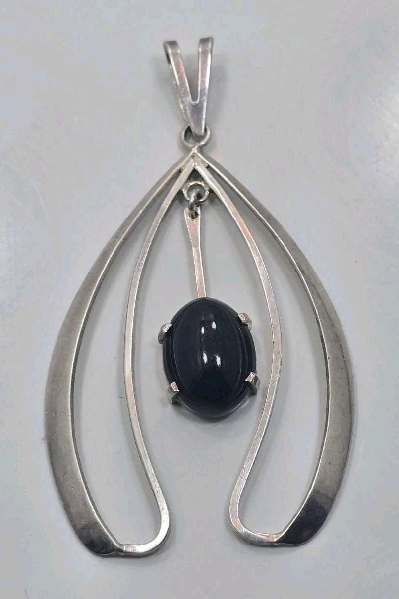 Vintage Sterling Silver 925 Israel Black Onyx Dangle Drop Charm Pendant