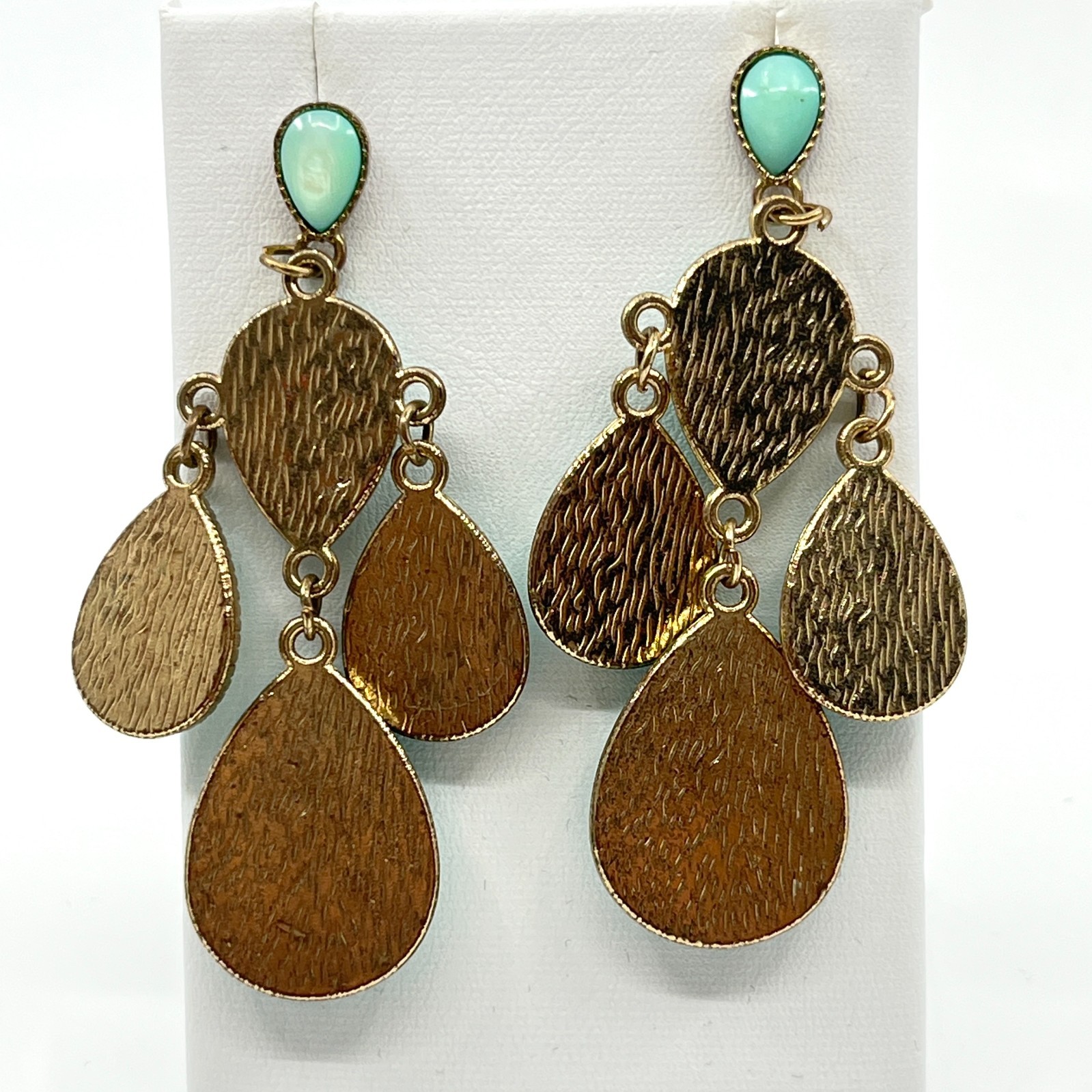 Vintage Boho Gold Tone Teal Faux MoP Teardrop Chandelier Blue Dangle Earrings