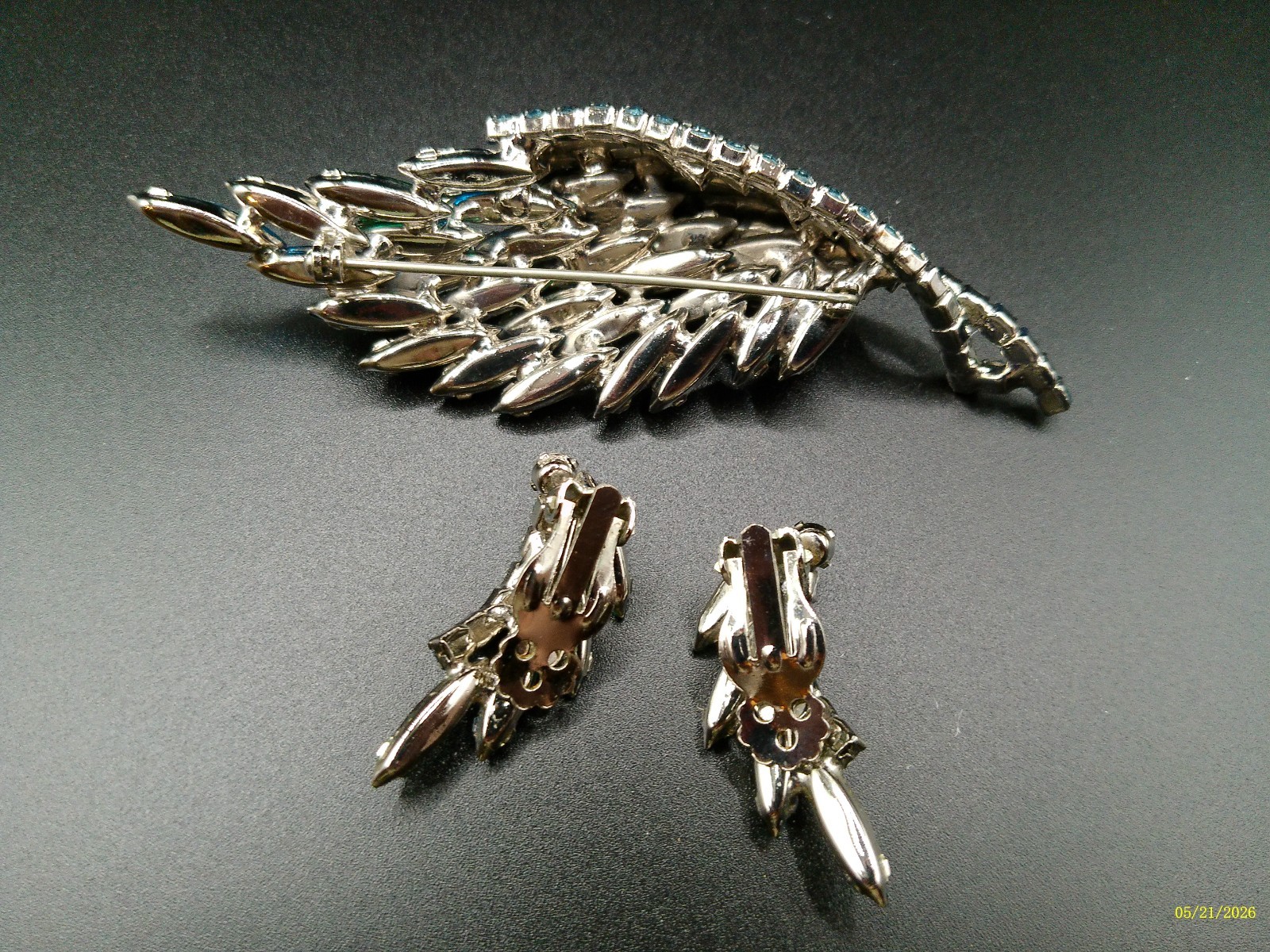Vintage Blue Green Rhinestone Brooch Clip Earrings Set Large Statement AB Glam