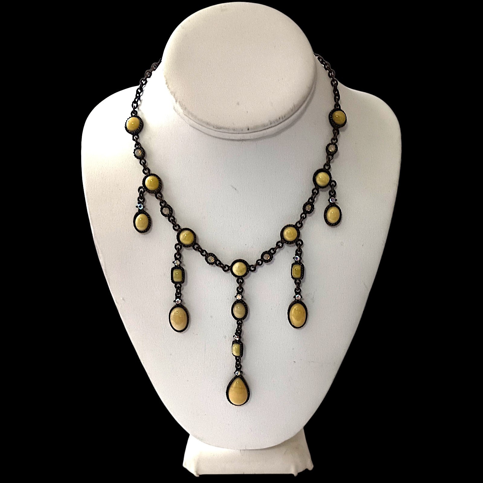 Vtg 90s Chandelier Bib Necklace Statement Egg Yolk Cabochon Art Nouveau Collar