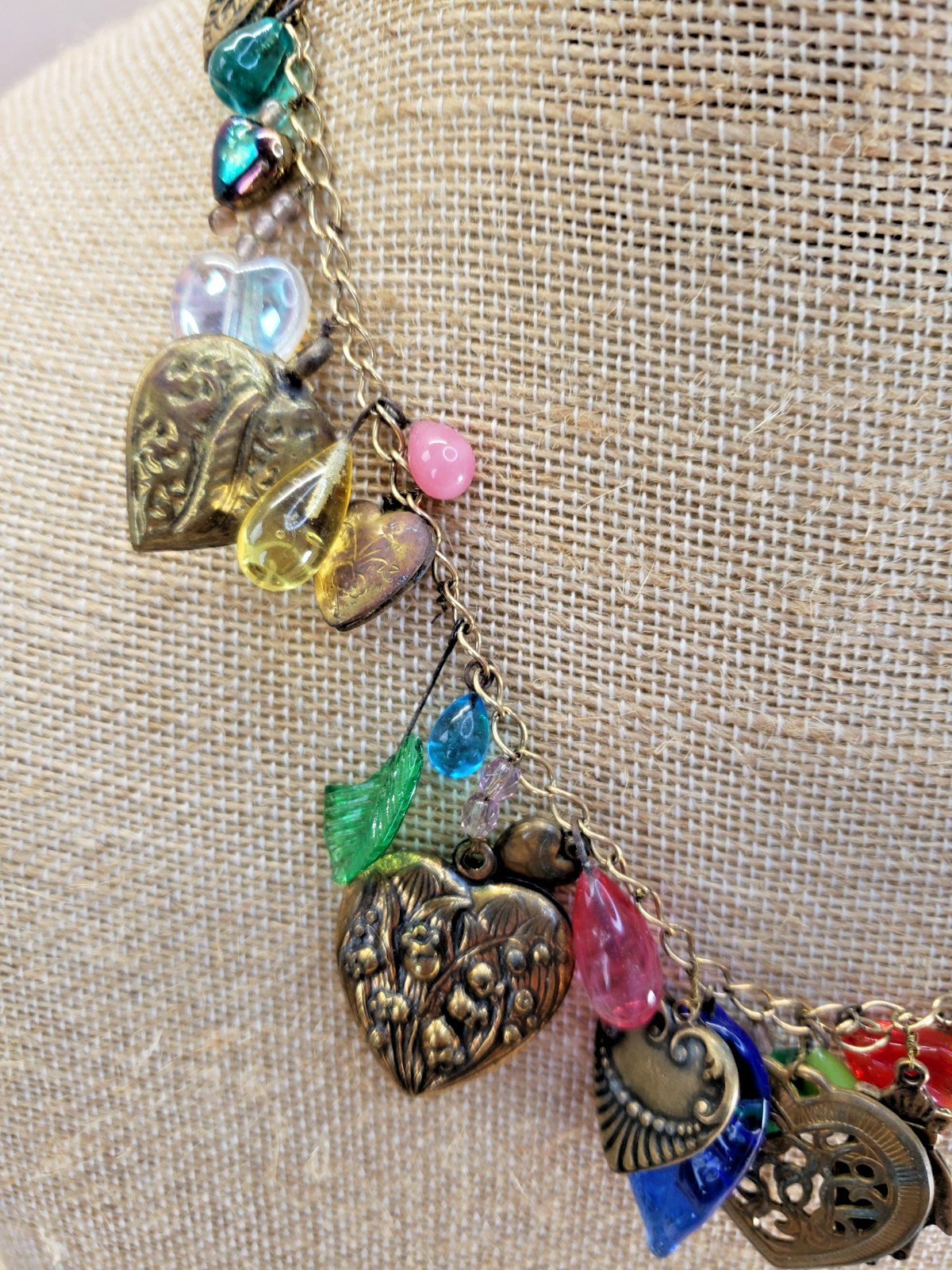 Vintage Ornate Hearts and Glass Charms Necklace Glass Works Studio Style AS IS
