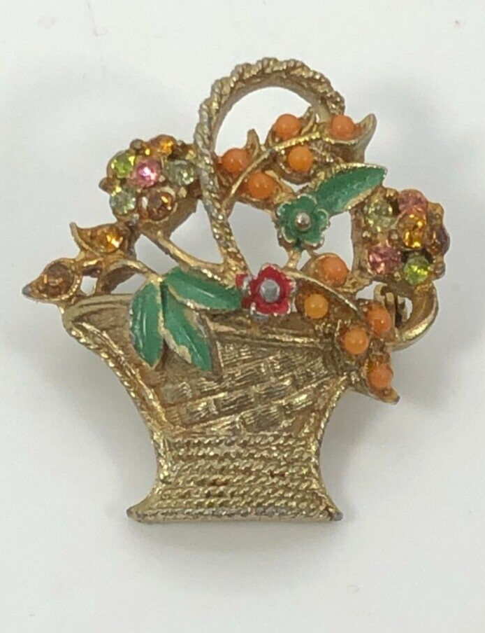 Vintage Flower Basket Brooch Pin Gold Tone Multicolor Rhinestones Enamel Coro??