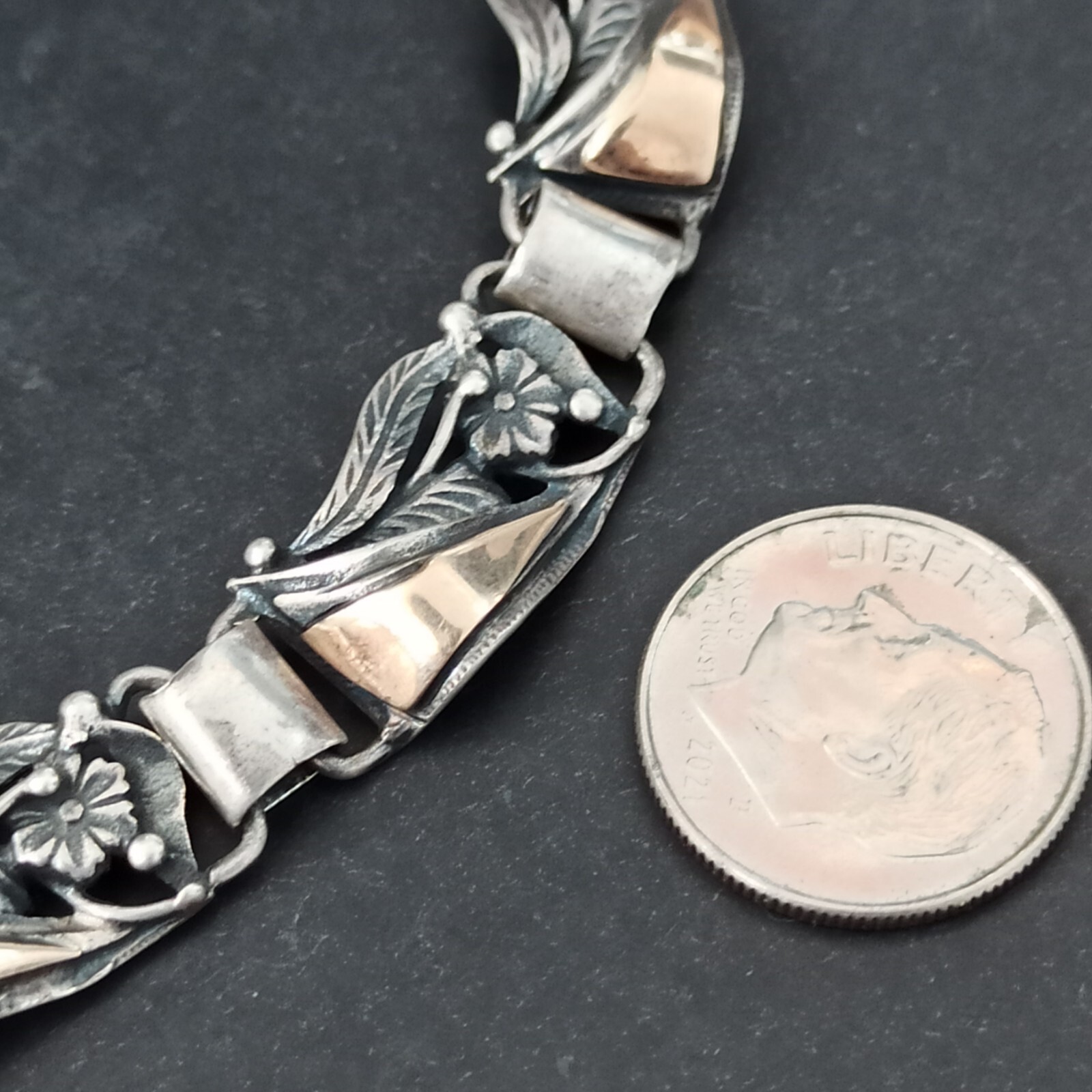 Vintage Silver Gold Necklace Bicolor Articulated Art Deco Revival Links 90s 925