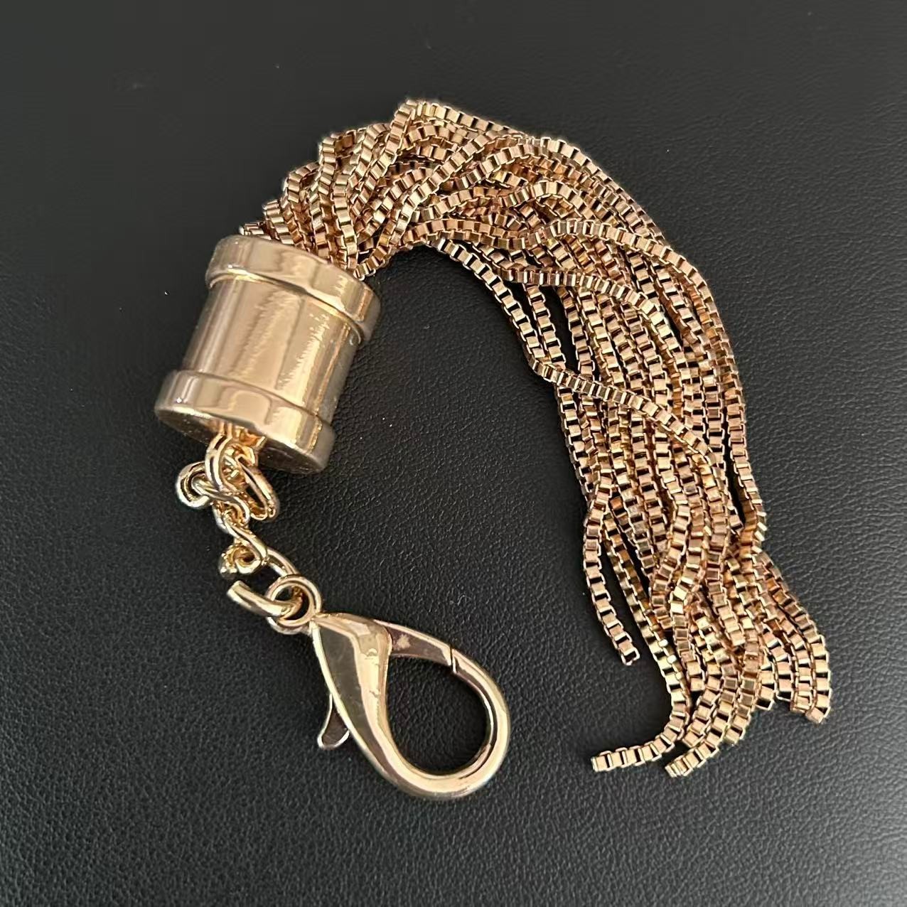 Vintage Gold Tone Box Chain Tassel Charm Pendant Purse Keychain Art Deco 1980s