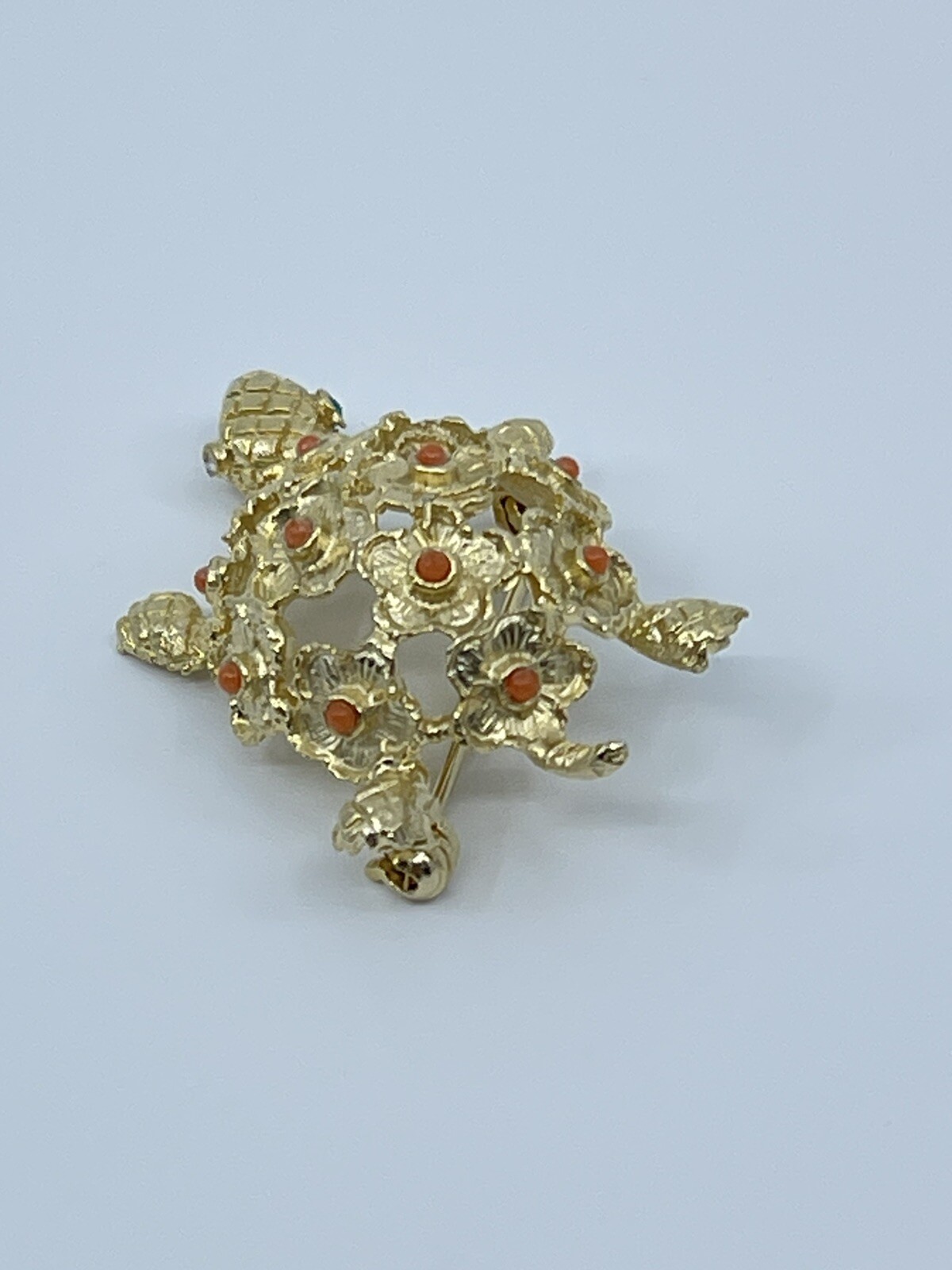 Vintage Brooch Pin De Nicola turtle faux coral and green rhinestone 1-3/4″