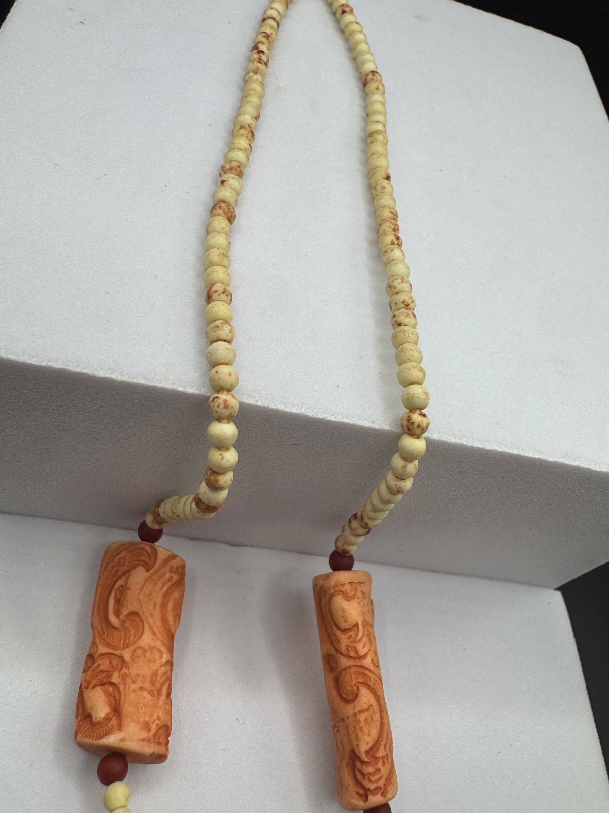 Vintage Boho Carved Clay Terracotta Bead Necklace Tribal Ethnic Earthy Statement
