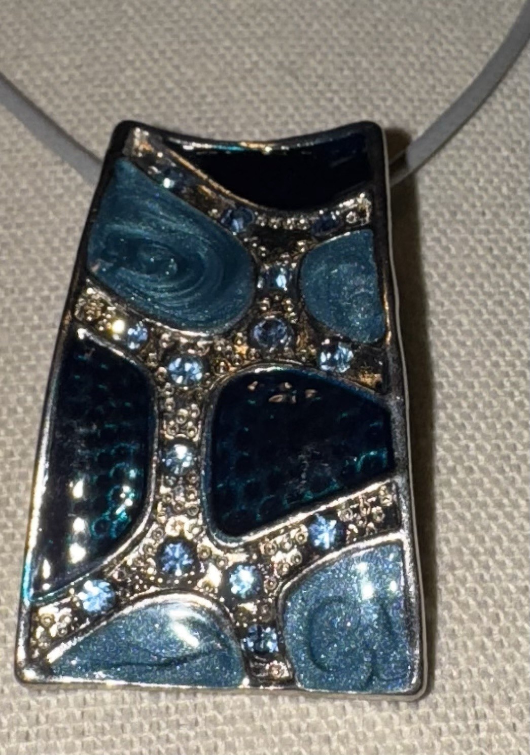 Vintage Silvertone & Blue Rhinestone Pendant On Gray Leather Cord 16”