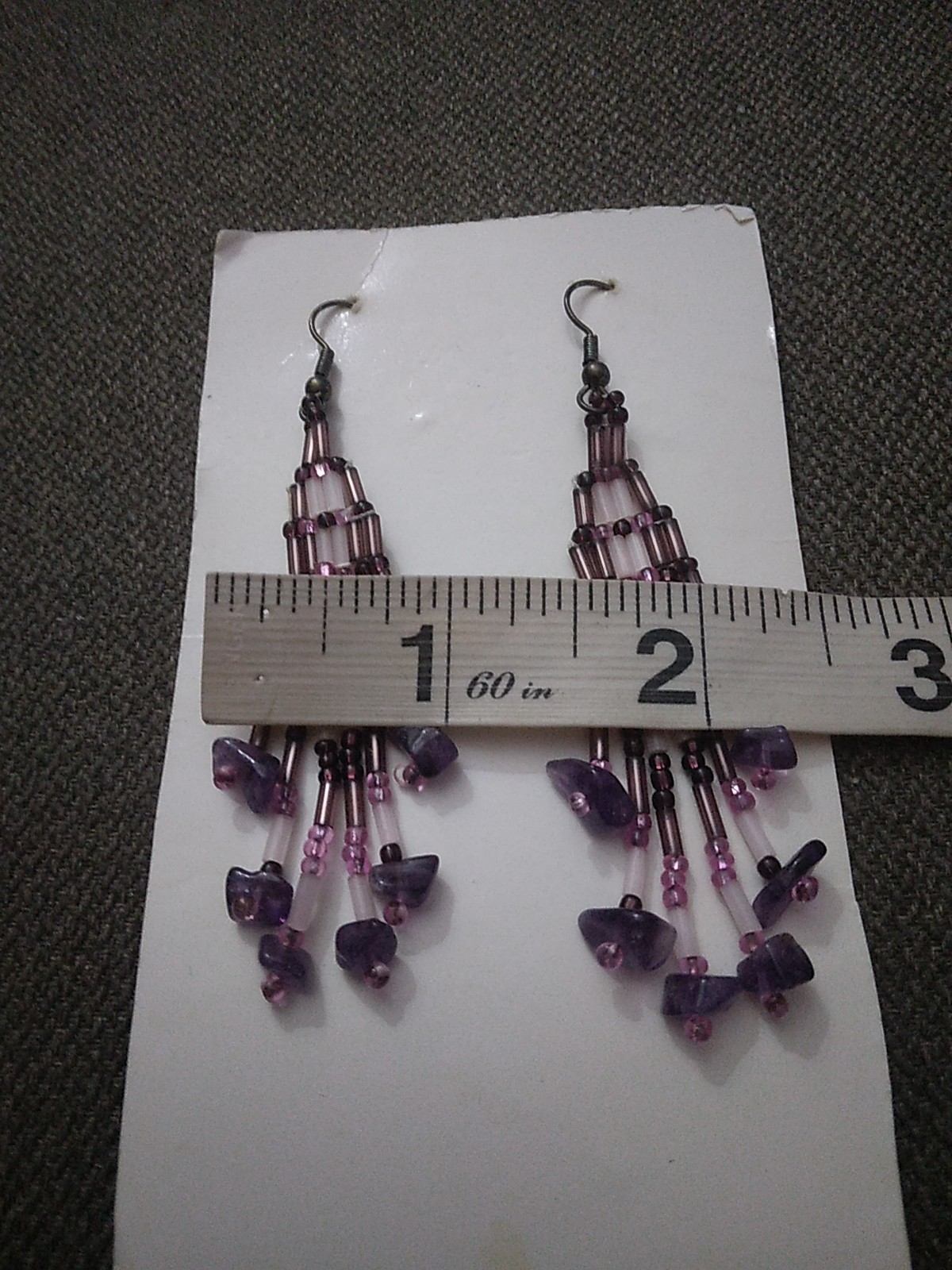 Vintage Dangle Seed Bead Beaded Earrings Long Purple Pink White 3.25″Long