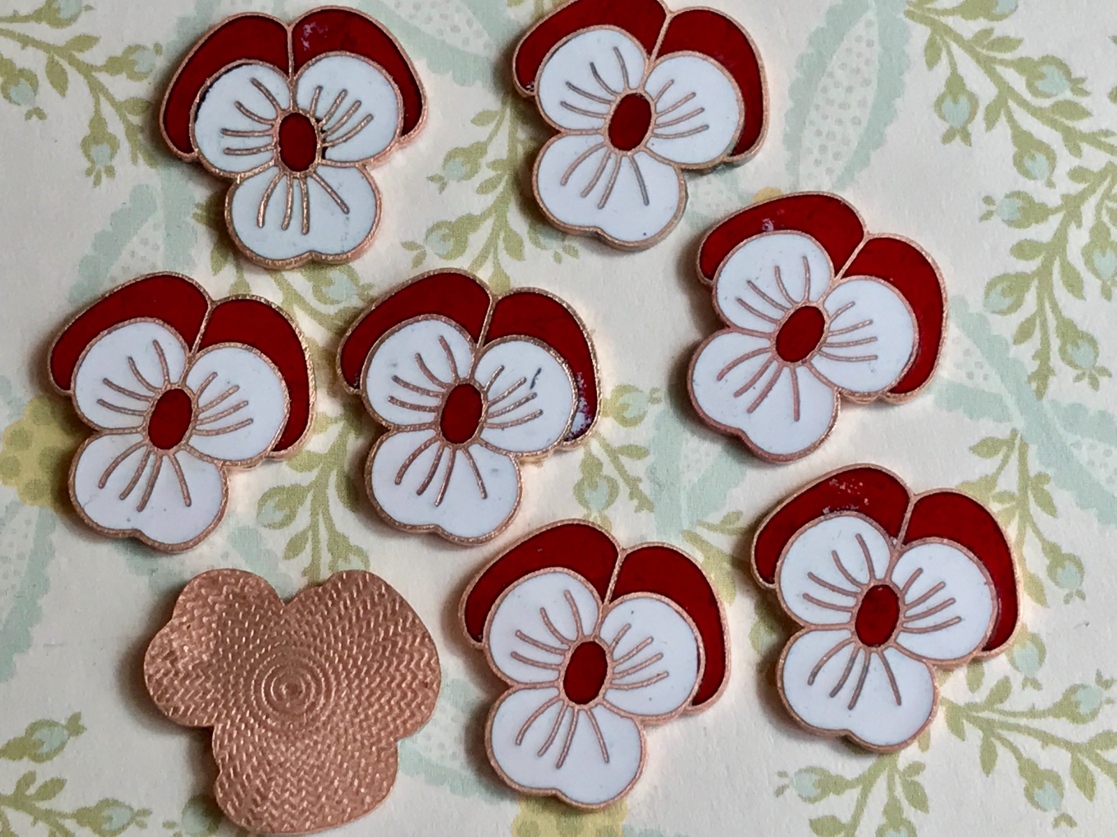 Enameled Pansy Findings,Vintage Pansies,Enamel Cabochons,19x6mm cabochons #G65C