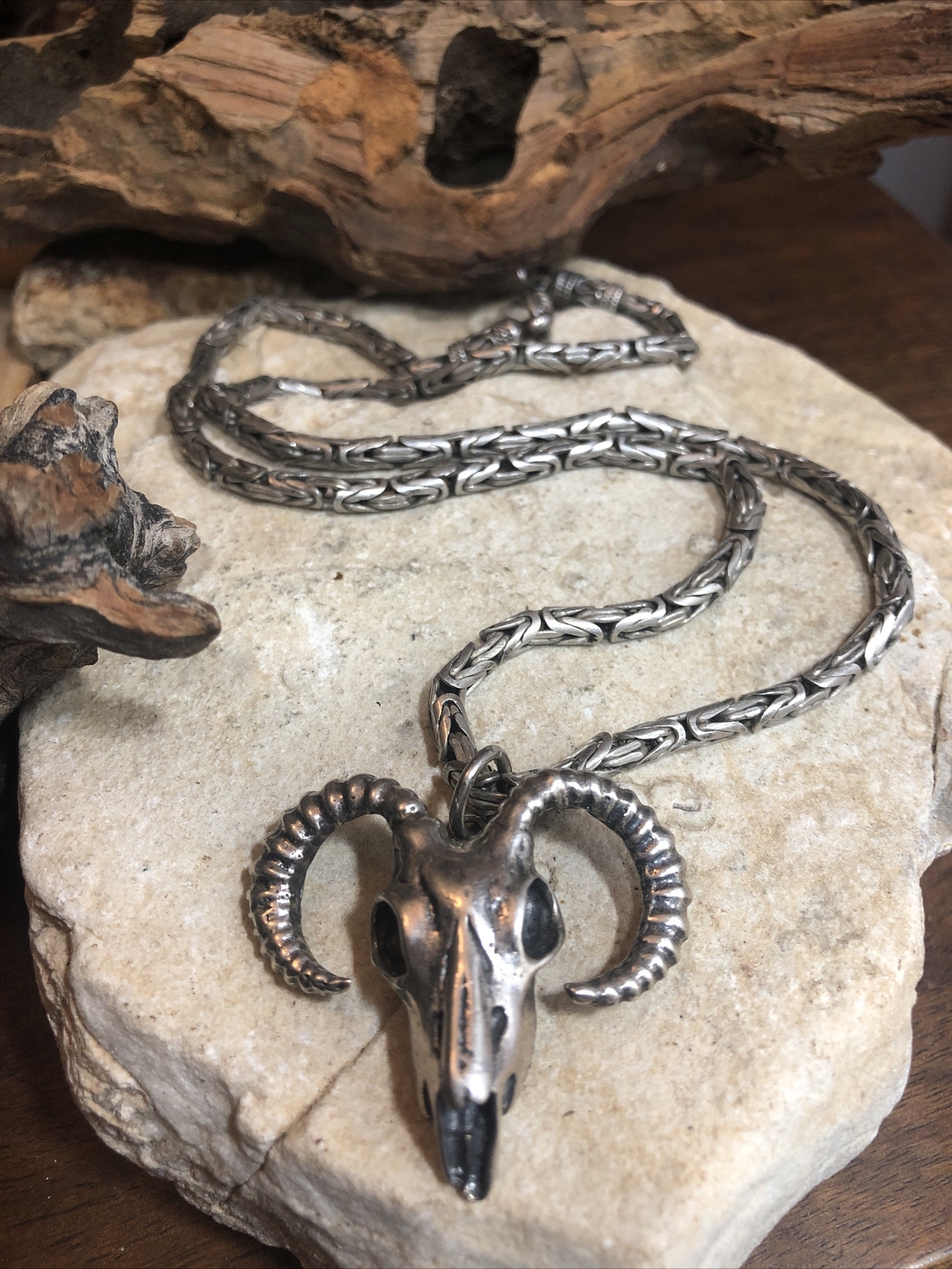 Rare Sterling 925 Solid 3mm Byzantine chain 20″ RAM’s SKULL Pendant Necklace 51g