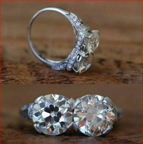 Two Stone 3.00CTW White Round Simulated Diamond Art Deco Wedding 925 Silver Ring